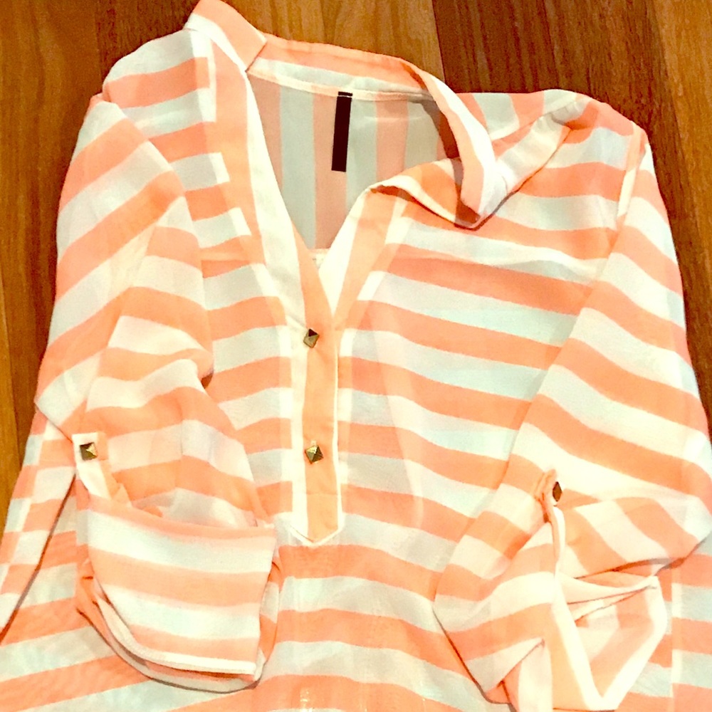 “Shelly” neon pink and white striped blouse
